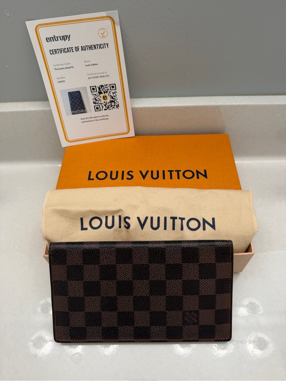 Louis Vuitton Damier Ebene Long Bifold Wallet with Dust Bag, Box and COA